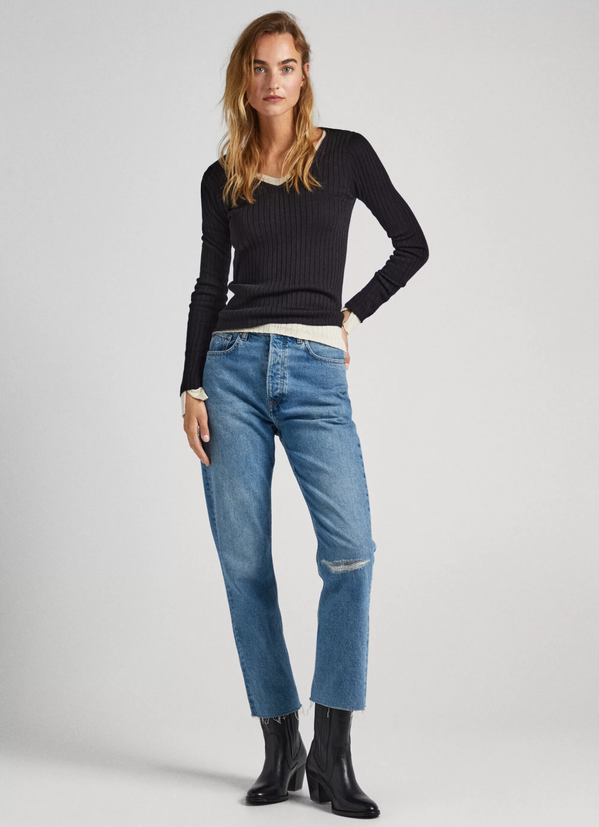 Mulher Pepe Jeans Malhas E Cardigans>Camisola Canelada Com Decote Em V